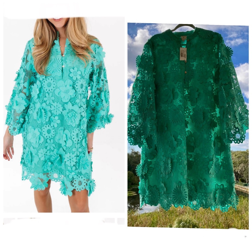 Elegant Teal Floral Lace Long Sleeve Dress/Emerald Green 3D Lace/SIZE: XL